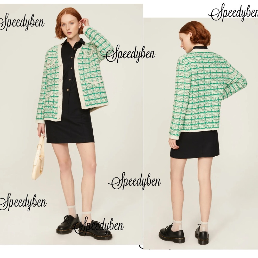Maje Metalo Plaid Cardigan Style Green Tweed Jacket Medium